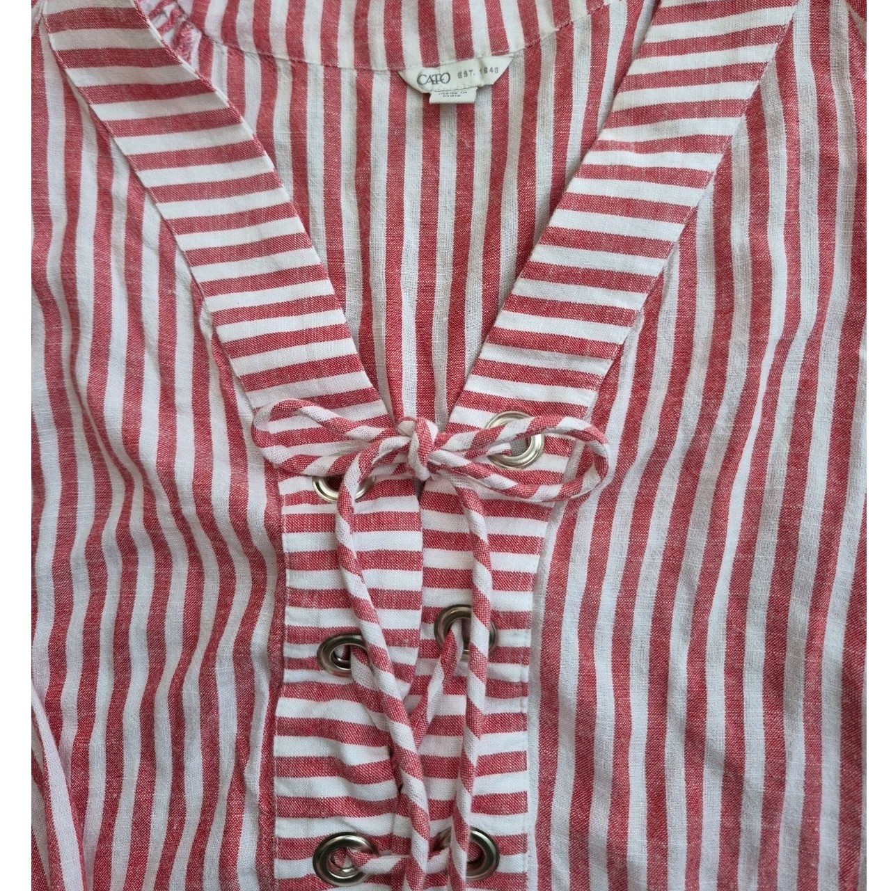 Cato Women’s 26/28W Plus Red/White Striped V-Neck Tie Grommet Blouse 3/4