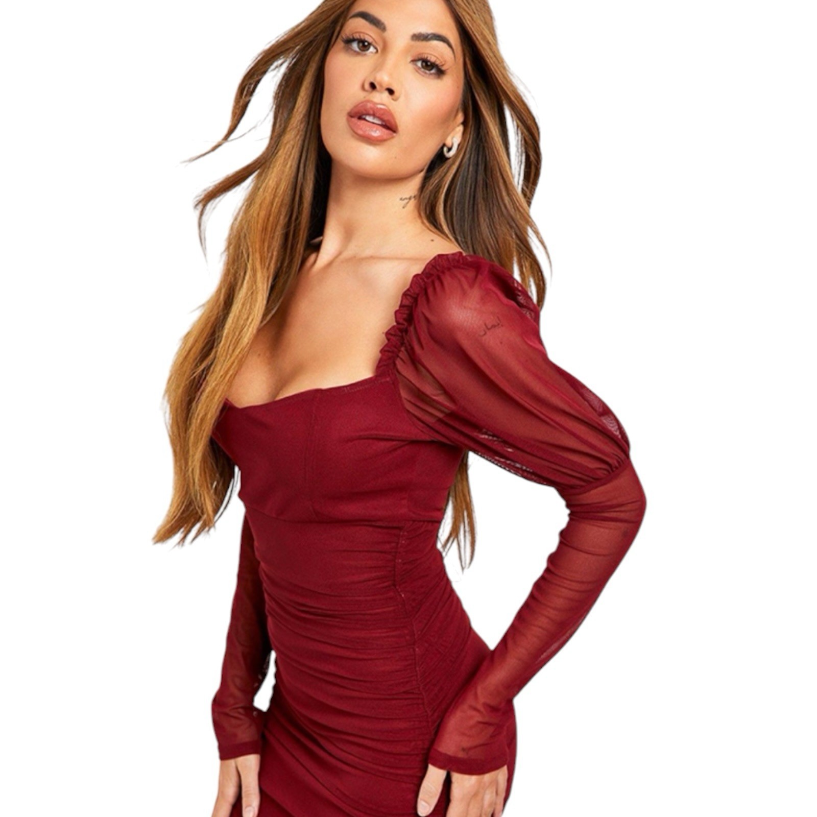 Boohoo sz 4 Edwardian Babydoll Ruched Mesh Burgundy Red Juliet Sleeve Maxi Dress