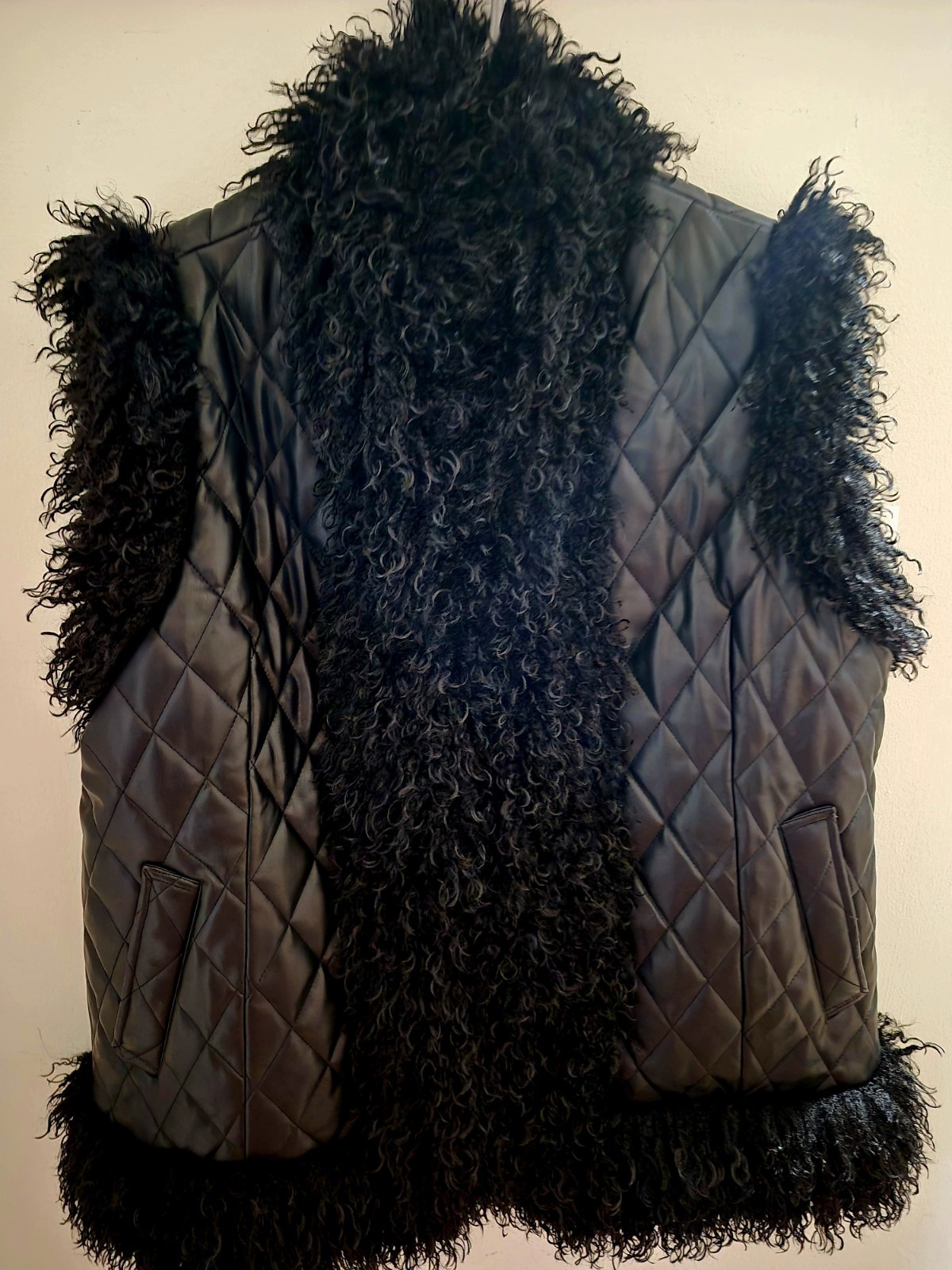 Vegan Leather Vest with Faux Fur Trim Black 1XL