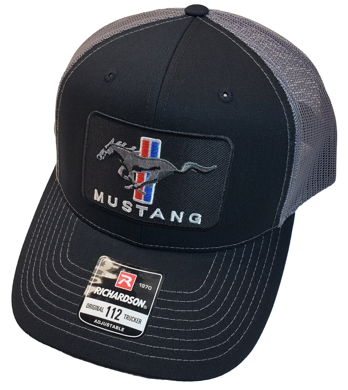 Mustang Embroidered Patch on Richardson 112 Trucker Hat Black/Charcoal