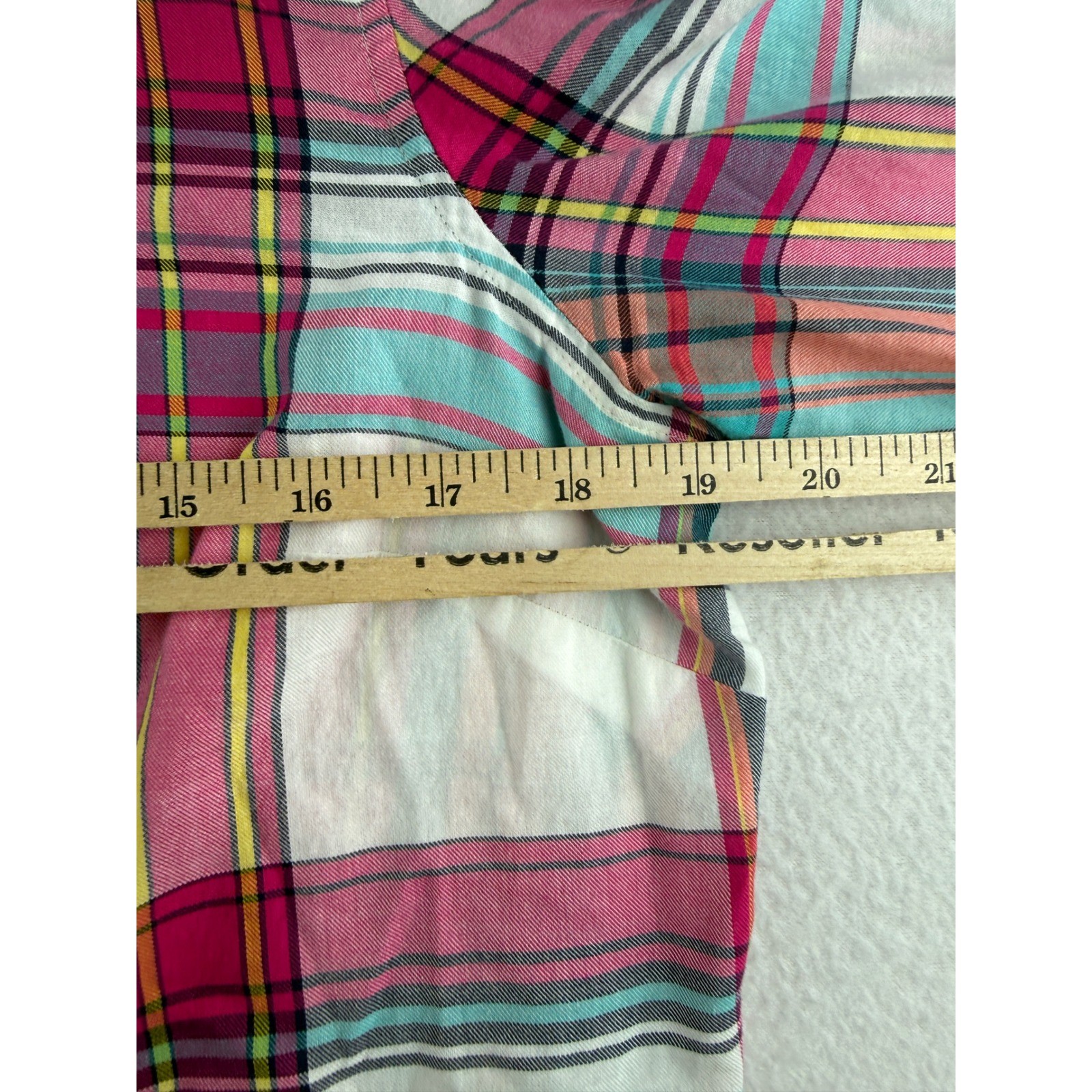 Talbots Womens Pink Teal Plaid Button Down Shirt Roll Tab Sleeve Size M