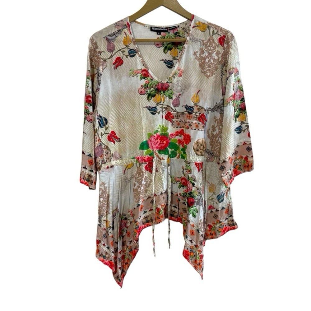 Tolani Size Medium Ivory Multicolor Floral Asymmetric Hem Tunic Top Fairy Travel