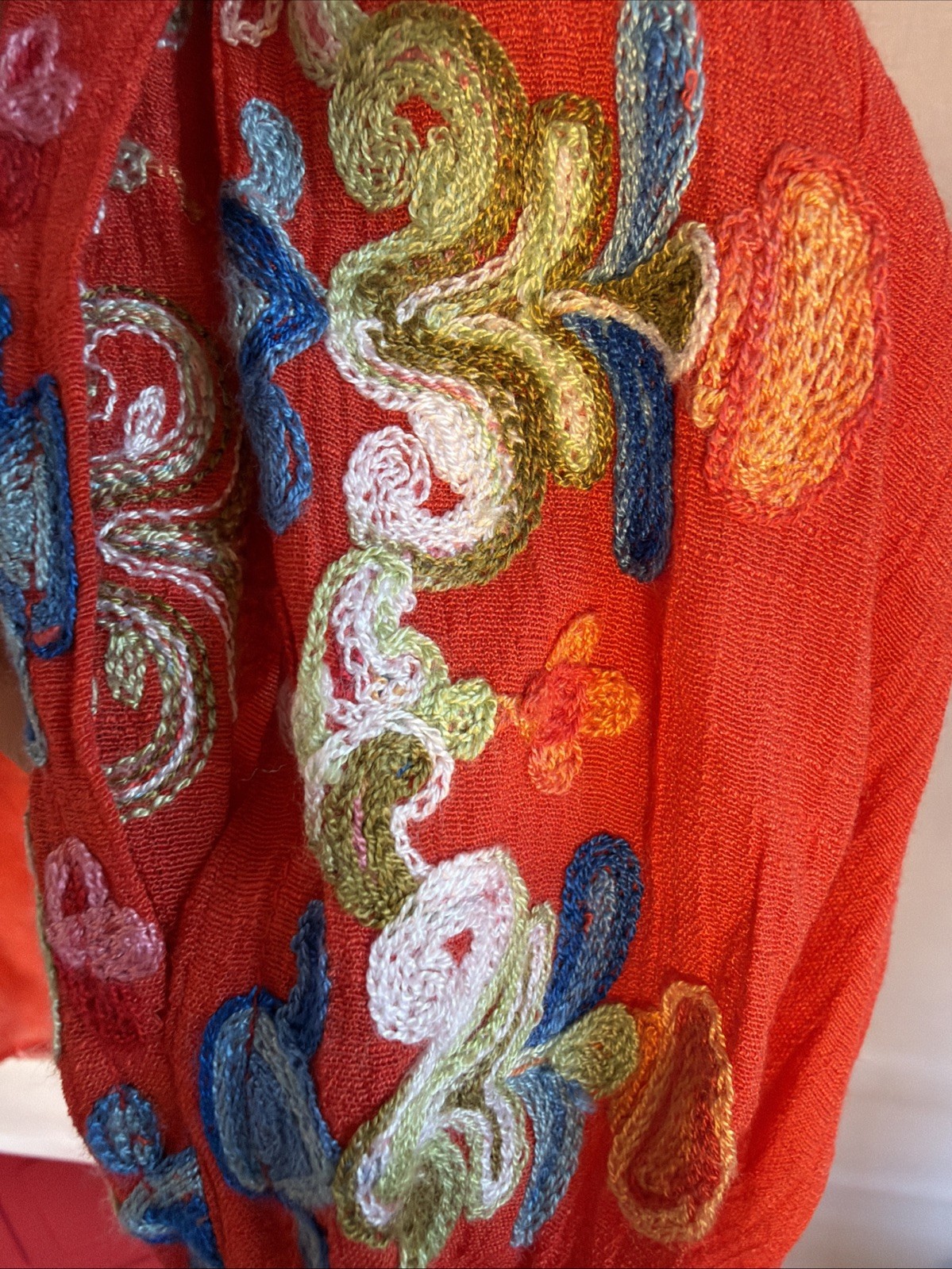 Fig And Flower Red Womens Tie Front Blouse With Bohemian Embroidery