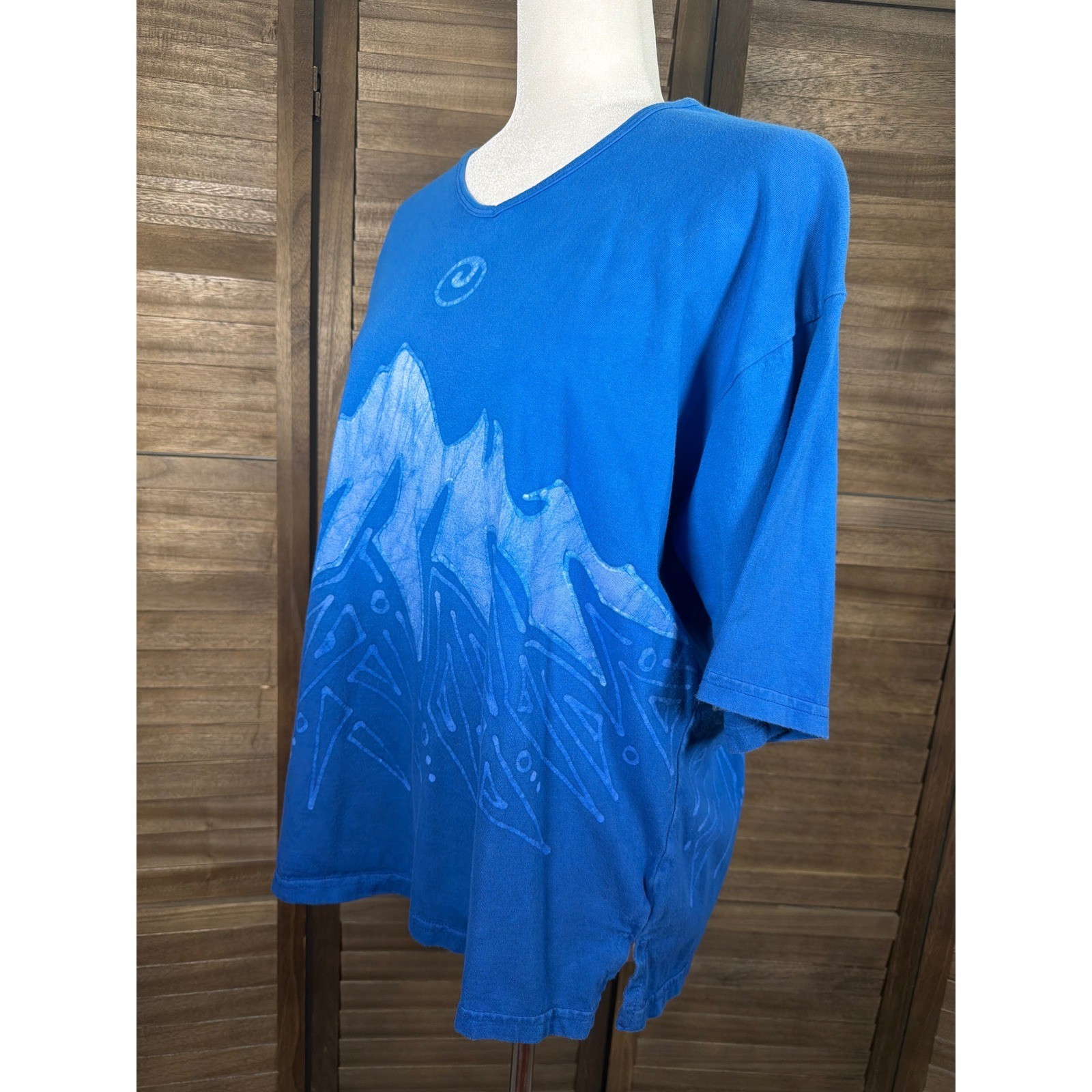 Grebe Batik Blue Mountain Celestial Moon Sun Cotton T-Shirt Women Large USA Made