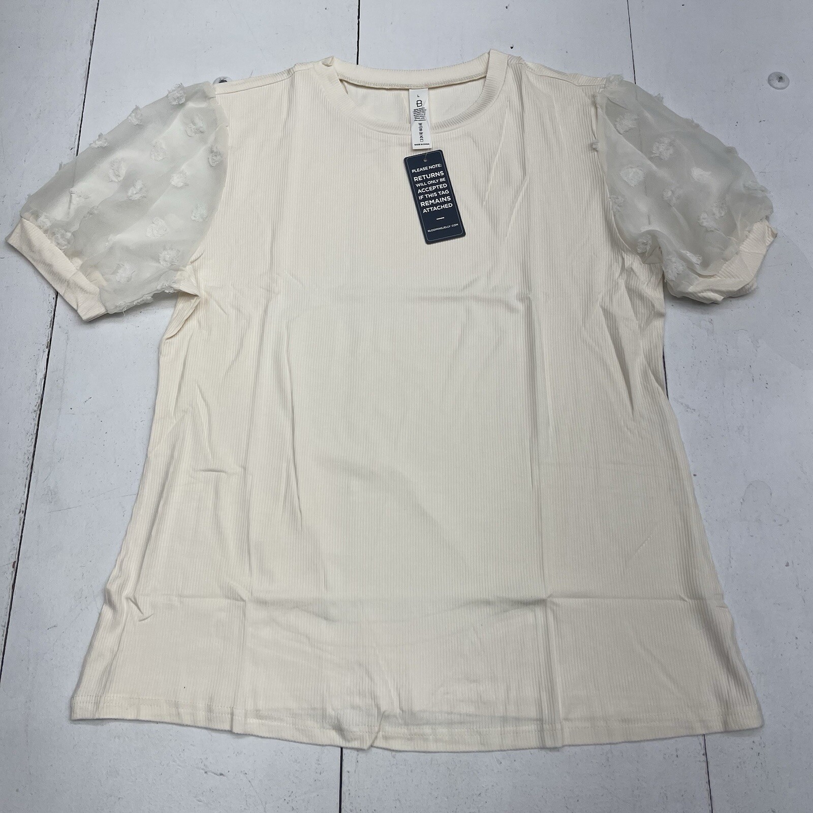 Blooming Jelly Ivory Ribbed Textured Puff Sleeve Blouse Women’s Size Large