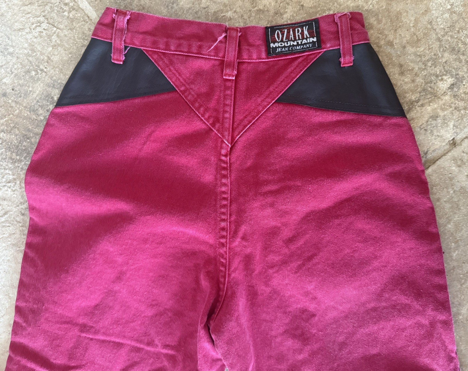 Vintage 90s Ozark Mountain red Western jeans with leather, straight‑leg size 5