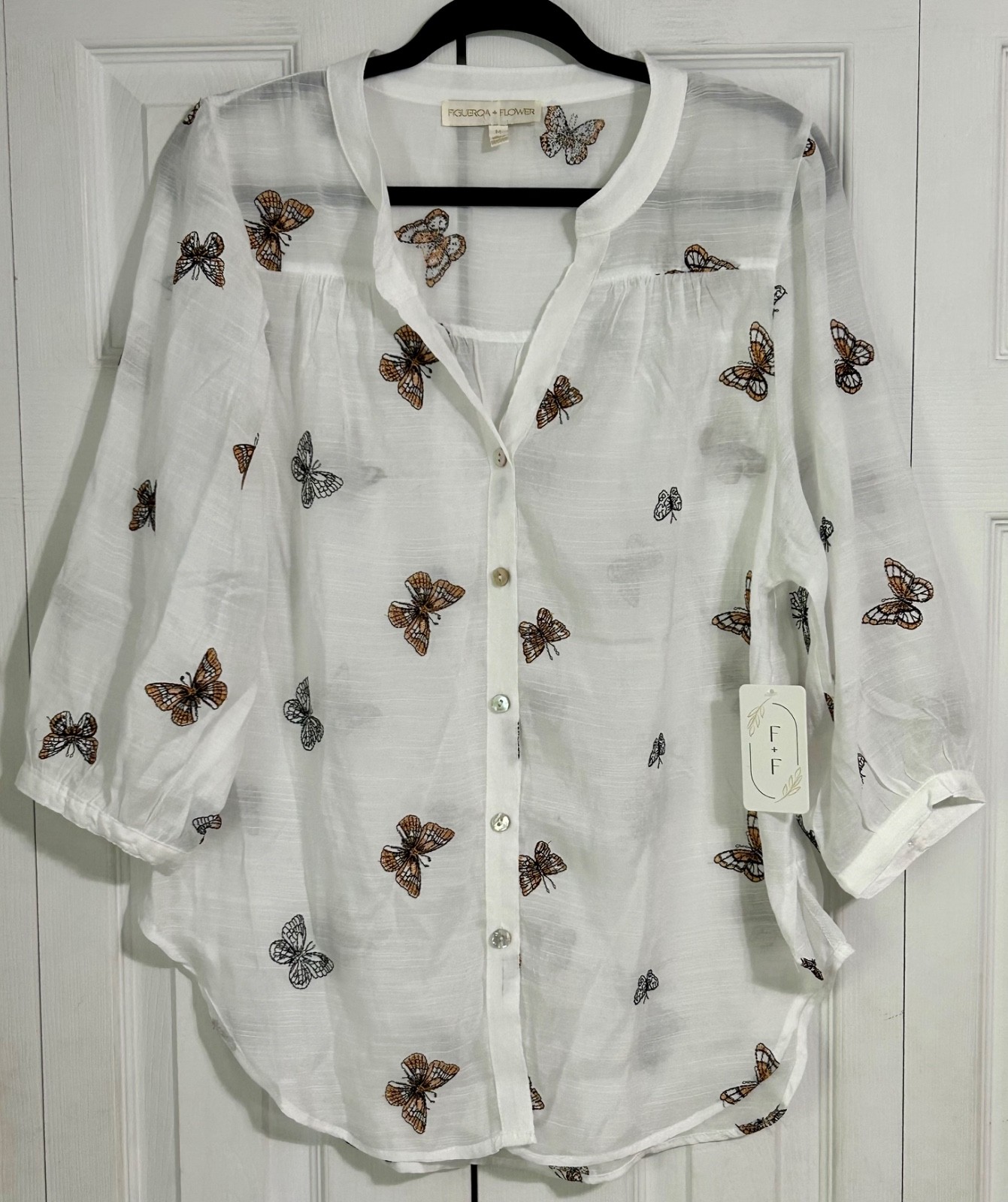 Fig & Flower Anthropologie Womens M Butterfly 3/4 Sleeves Blouse Embroidered NWT