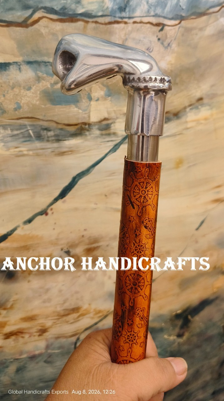 Handmade Punch Handle Leather embossed Nautical Style Wood Costume Walking Stick