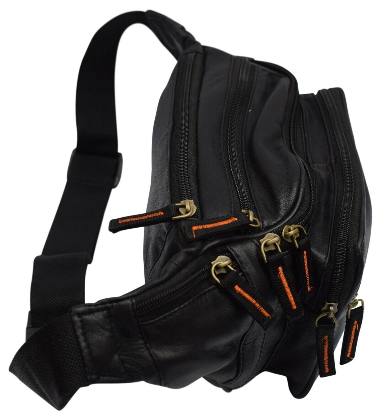 Black Genuine Leather Fanny Pack Large Multi Zippered Waist Bag Design Hip Purse