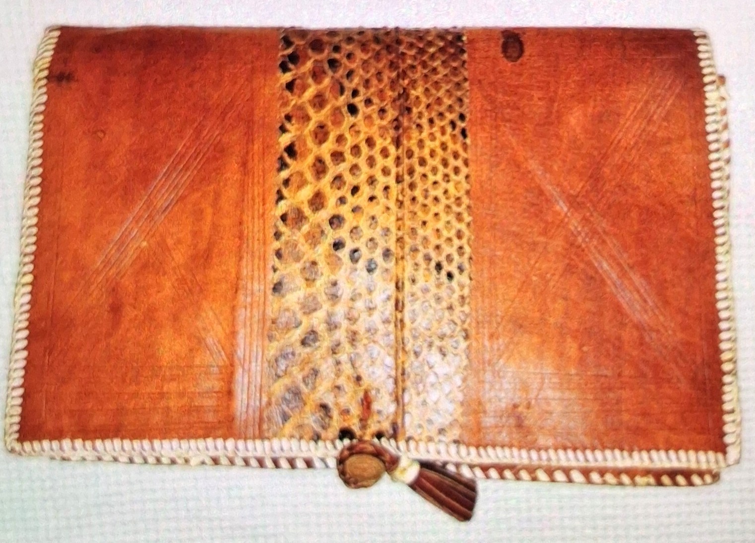 Vintage Handcrafted African Leather Snakeskin Crossbody Bag Whipstitch Clutch