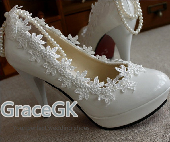 Women’s Lace Wedding Shoes Pearls anklet Bridal High Low Heels flat shoes
