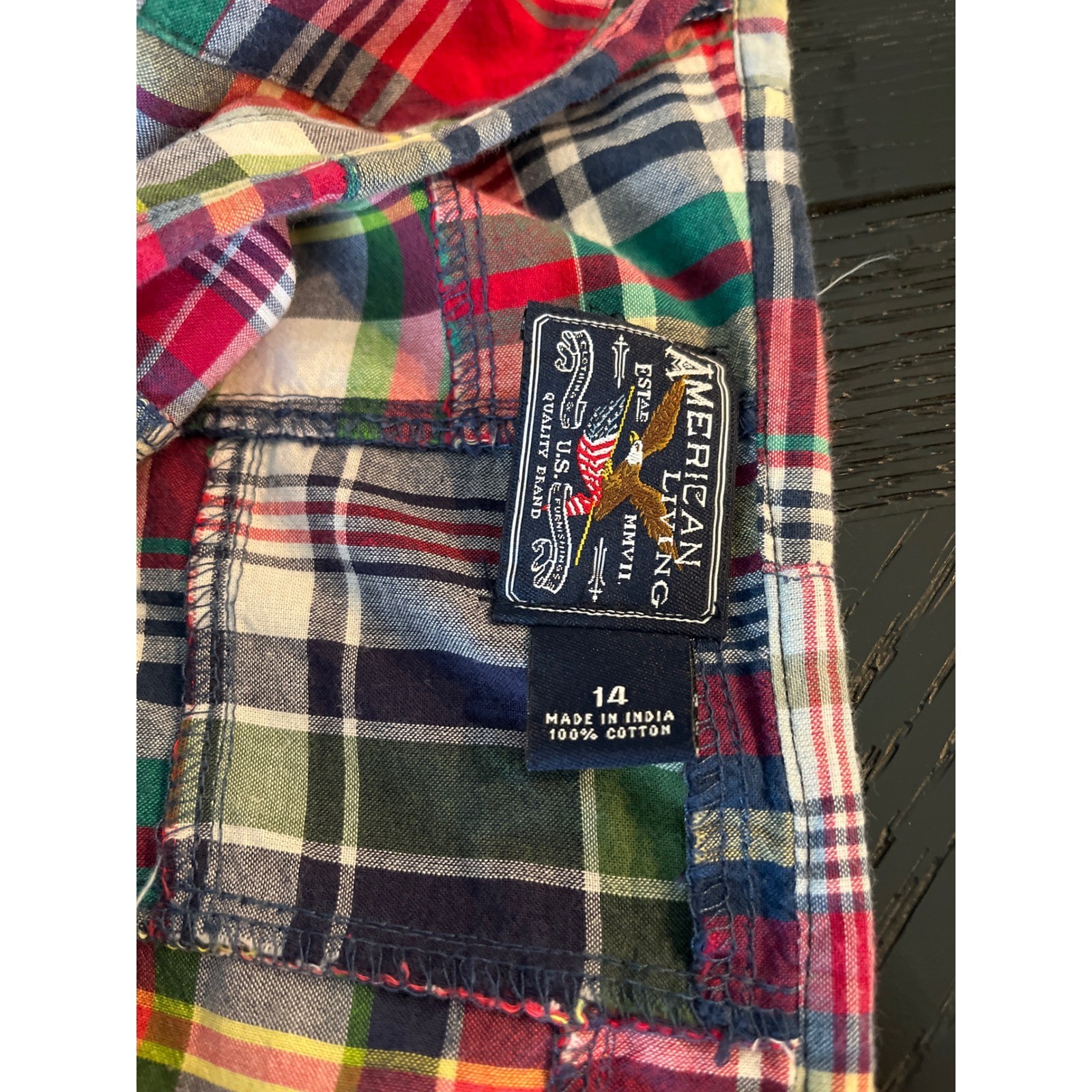 American Living Patchwork Plaid Tiered Skirt Multi Color Cotton Madras Size 14
