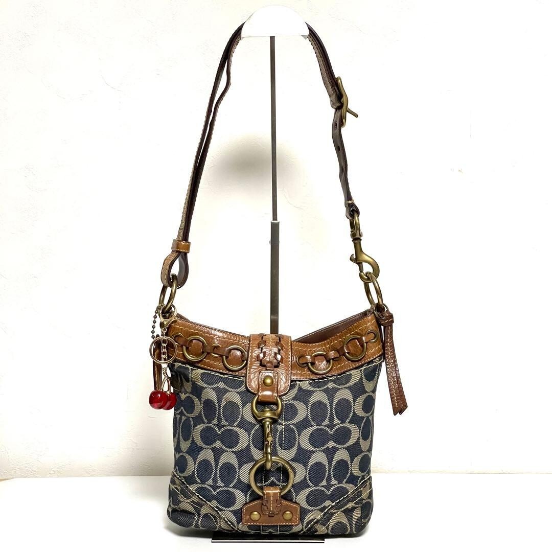 Coach Jackie 10405 Denim Canvas Shoulder Bag Blue Brown Gold Charm 8.7in