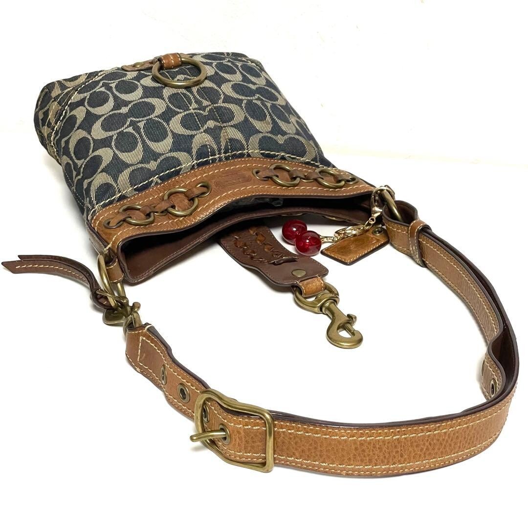 Coach Jackie 10405 Denim Canvas Shoulder Bag Blue Brown Gold Charm 8.7in