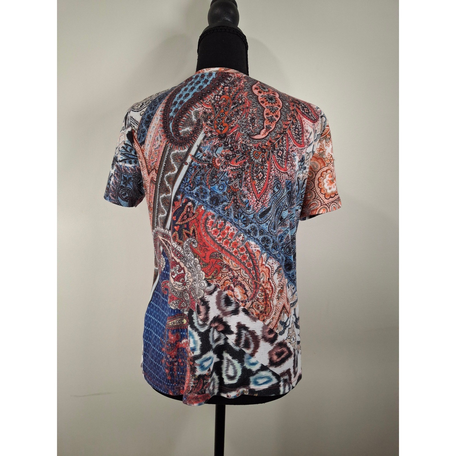 Christopher & Banks Petite Mixed Paisley Animal Print Top Blue Red P/M