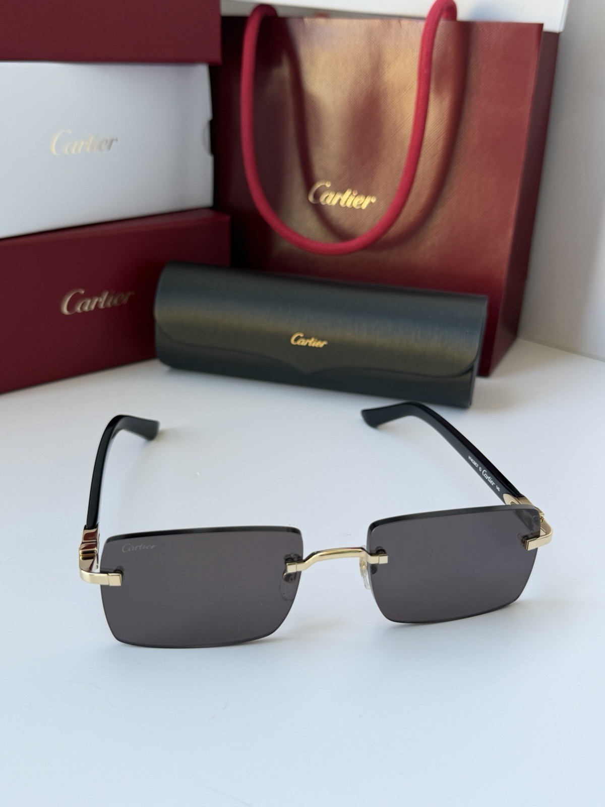 CARTIER CT0579S 005 Gold Black Dark Grey Lens Rectangular Sunglasses AUTHENTIC