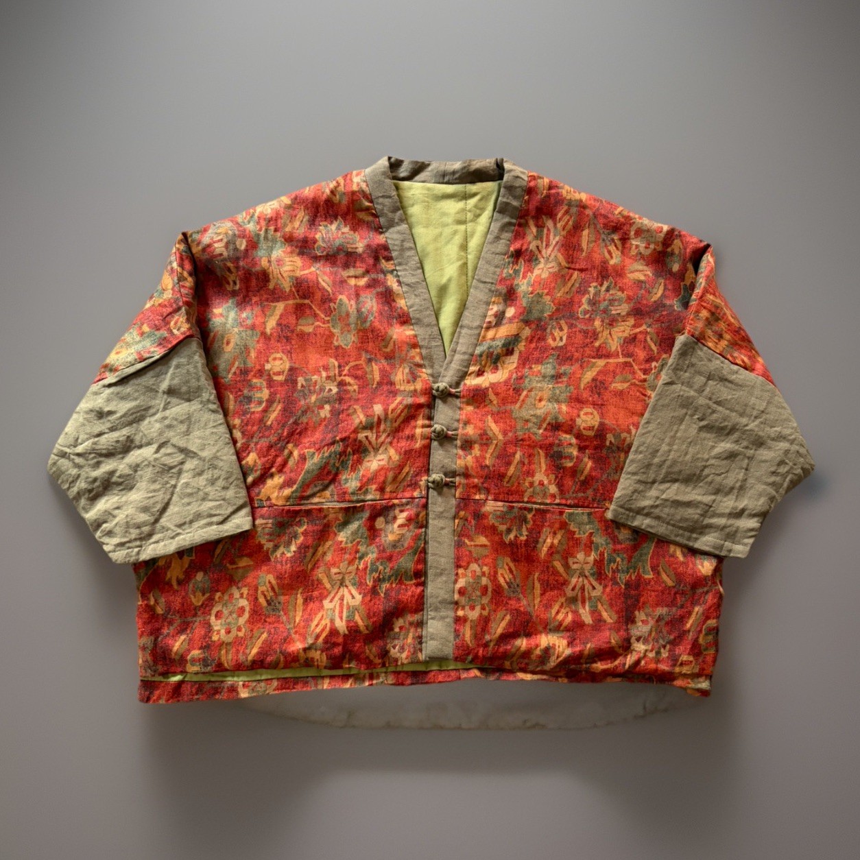 Quilted Jacket Cotton Vintage Floral Pattern Pockets Oriental Boho One Size