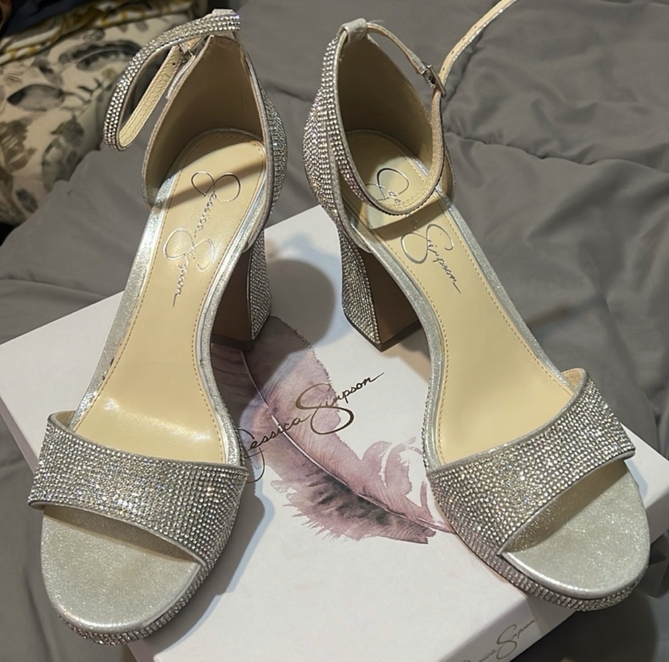 Jessica Simpson All Rhinestone Peep Toe Ankle Strap Block Heel