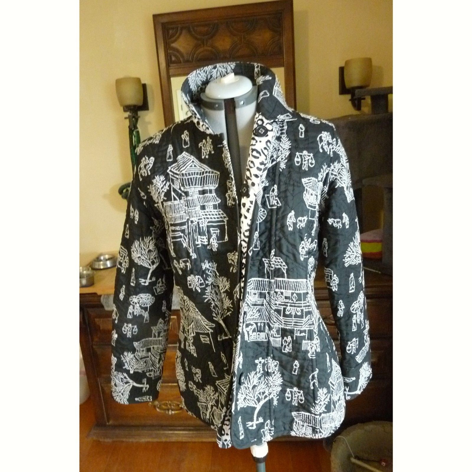 Reversible Quilted Light Fitted Jacket Animal Print & graphic embroidery sides L