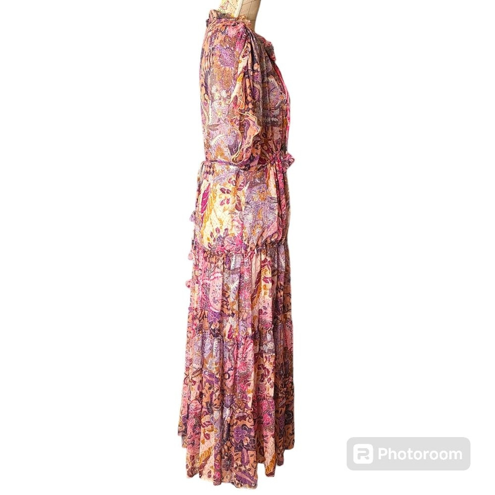 MISA Los Angeles Size Large Ilya Boho Pink Batik Sheer Short Sleeve Midi Dress