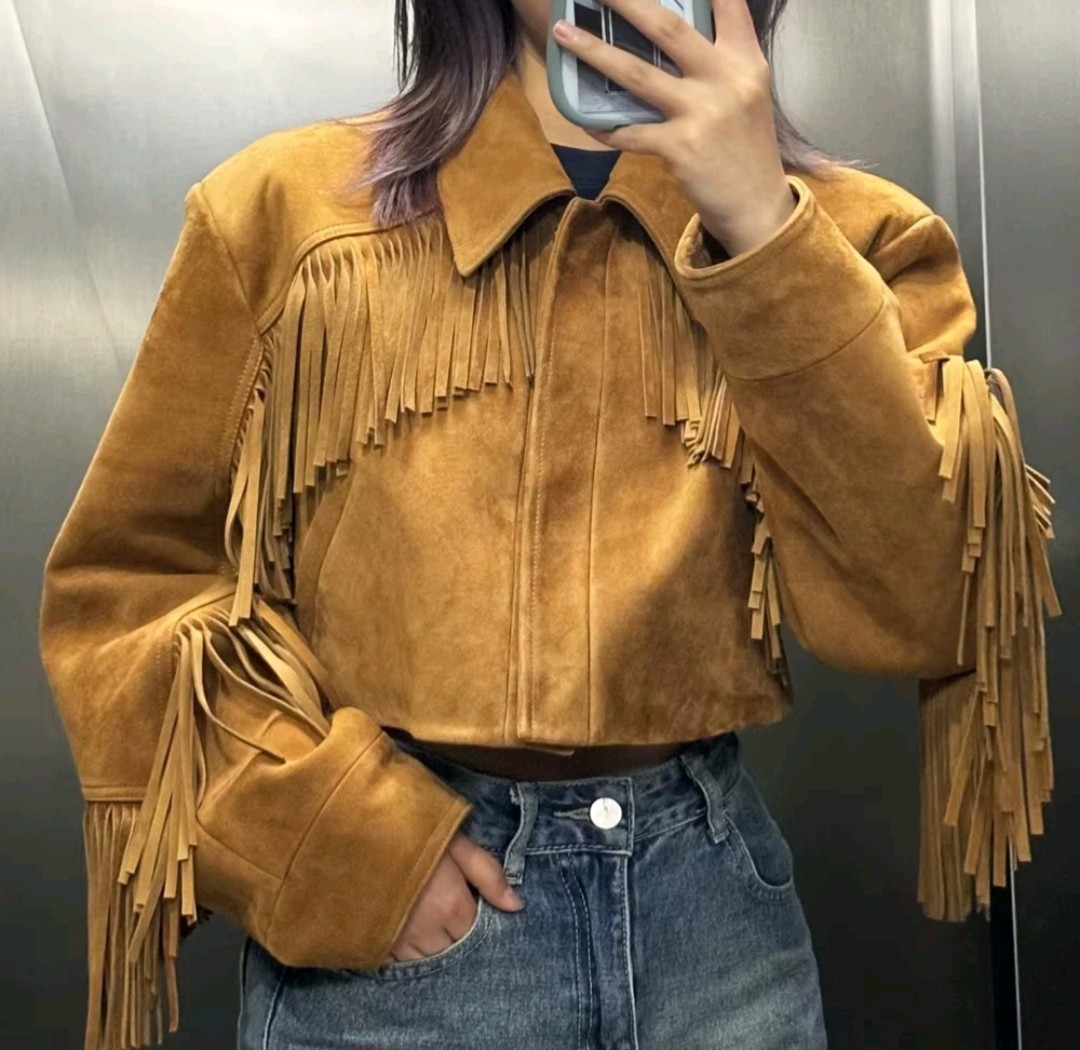 Women’s Suede Fringe Leather Jacket Cropped Western Cowgirl Boho Vintage Coat