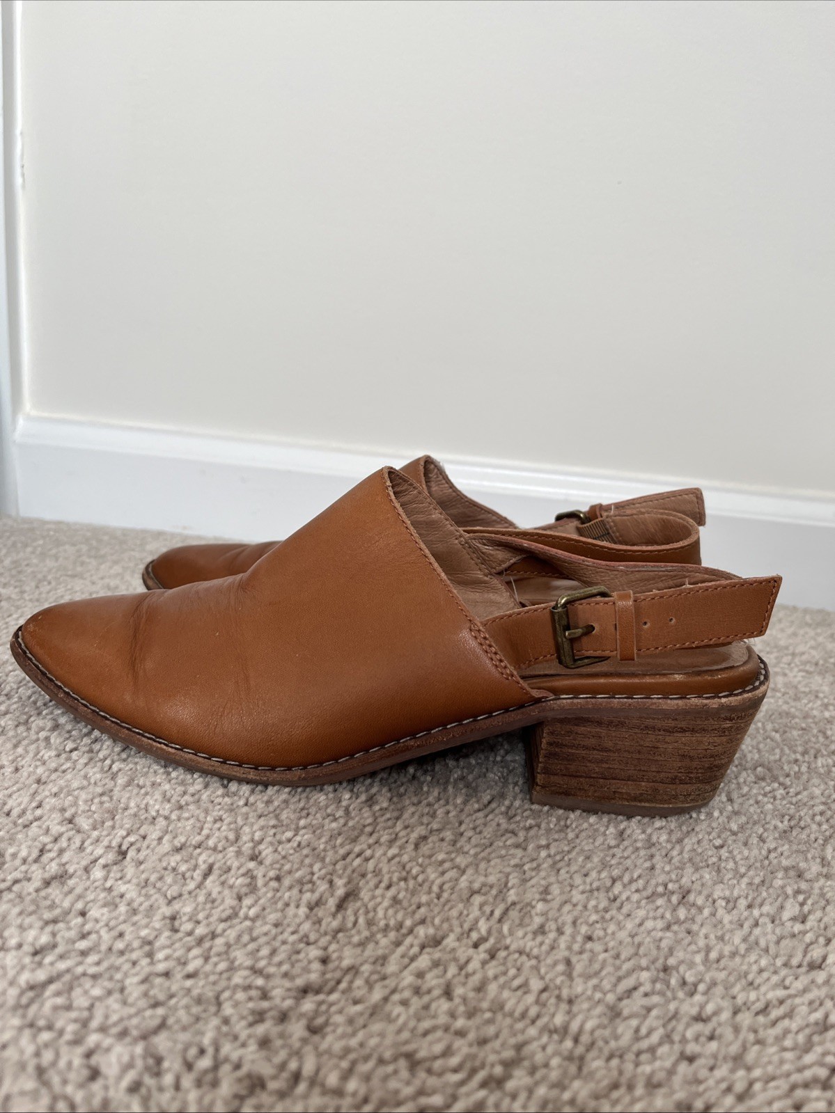Madewell Size 8.5 Jess Slingback Mule Leather Shoes Brown Pointed Toe Block Heel