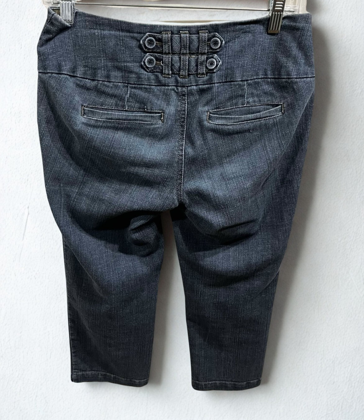 One 5 One Womens Capri Jeans 4 Blue Button Strap Boho Stretch