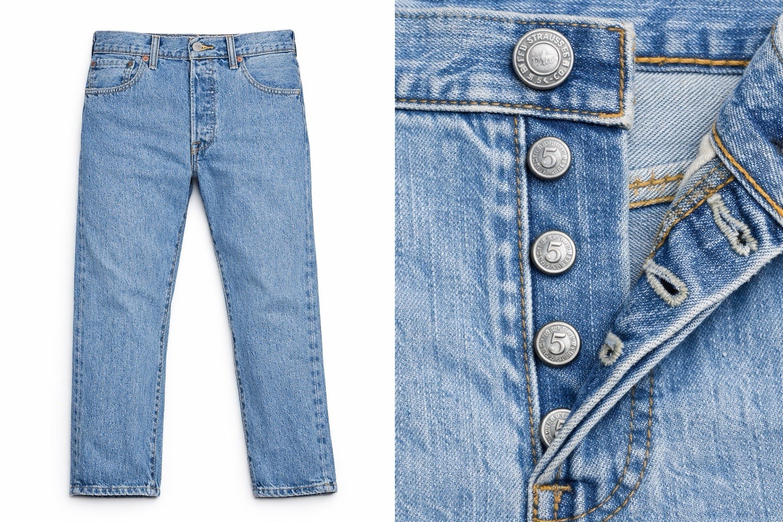 Genuine Levi’s Men’s Medium-Light Blue Wash, Straight Leg Denim Button Fly Jeans