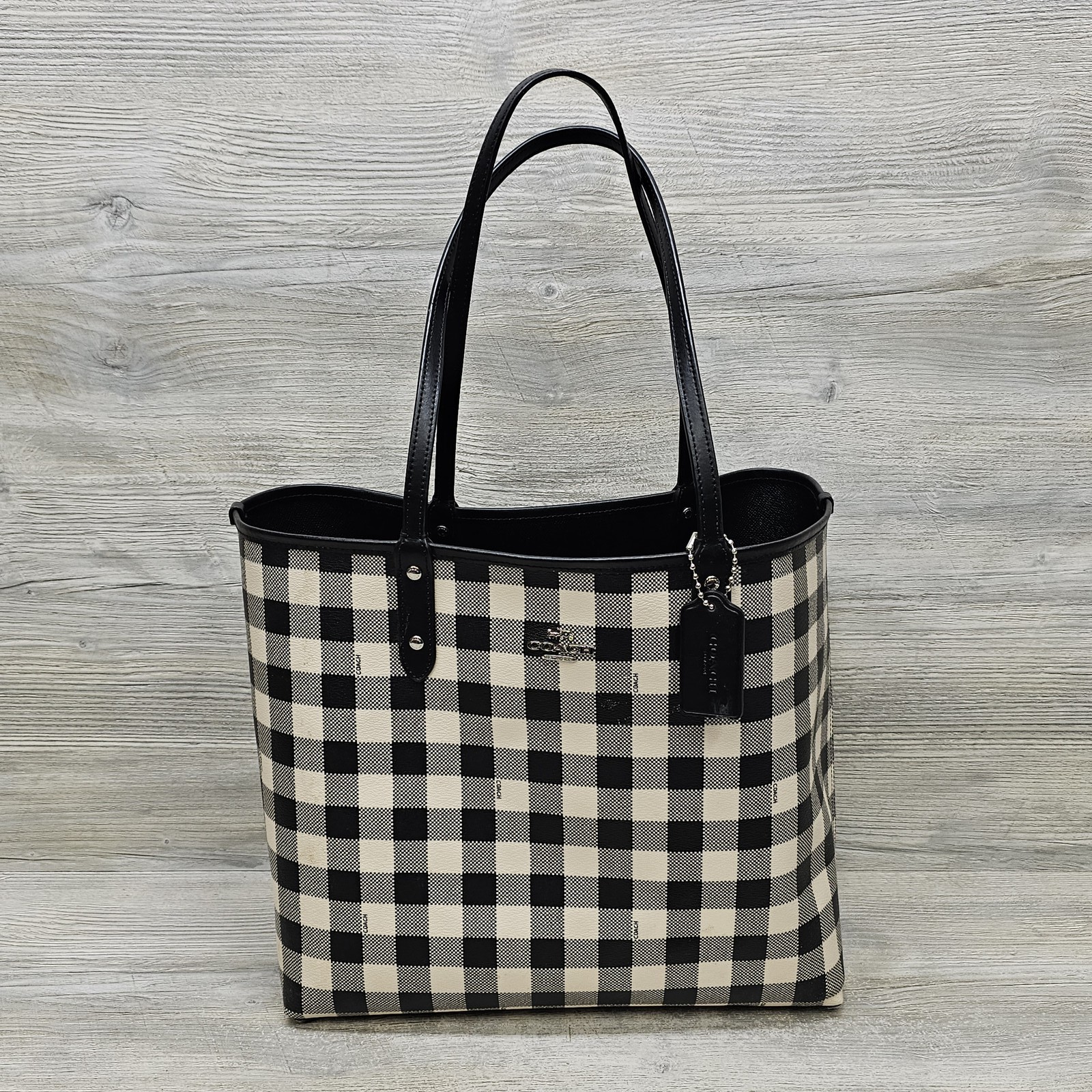 Coach Reversible City Tote Black Crossgrain Leather Checkered Buffalo Plaid Bag