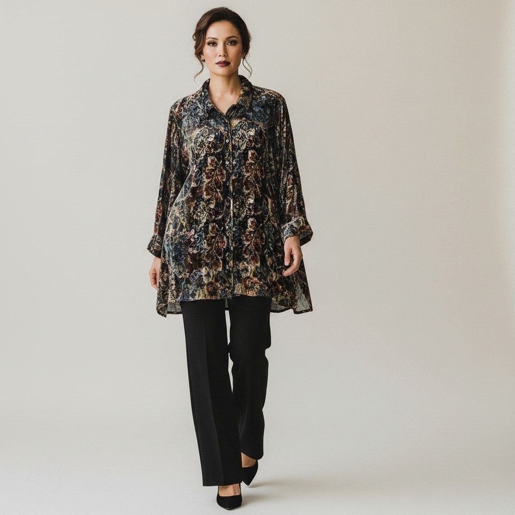 Soft Surroundings Silk Blend Velvet Floral Tapestry Button Down Shirt 1X 5EM11