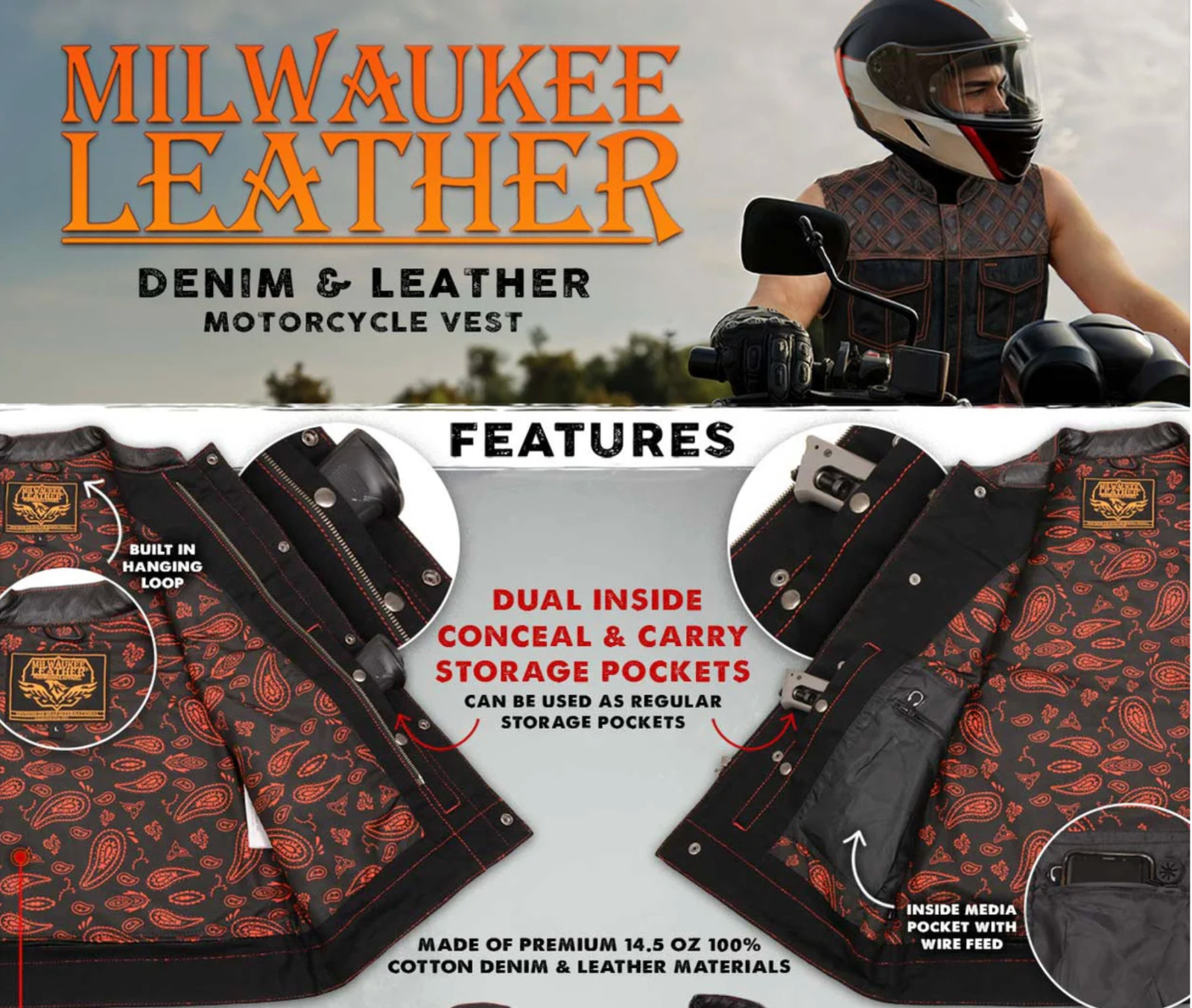 Milwaukee Leather 3036 Men’s Wrecker Denim &Leather Club Style Vest w/ Diamond