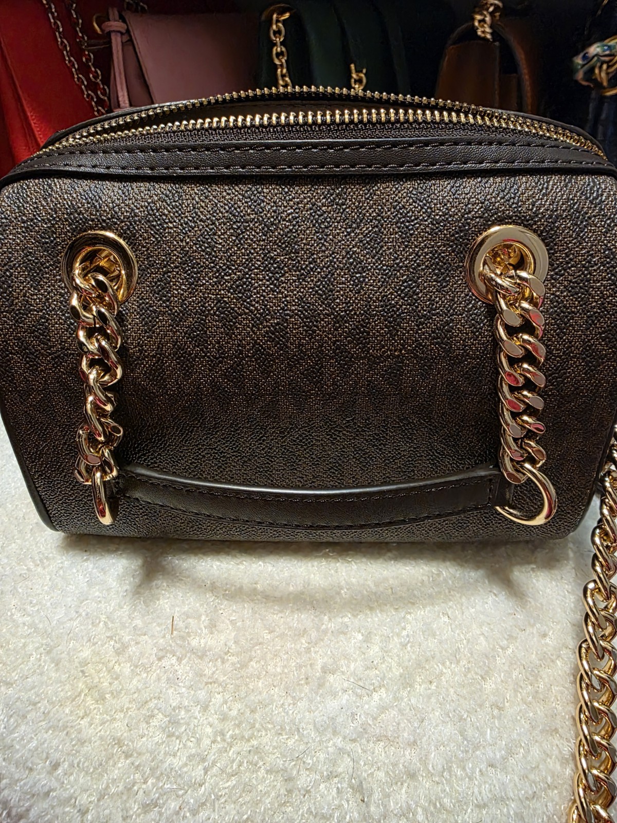 Michael Kors Blaire XS Duffle Crossbody Bag Brown Logo Zip Gold Chain + Charm