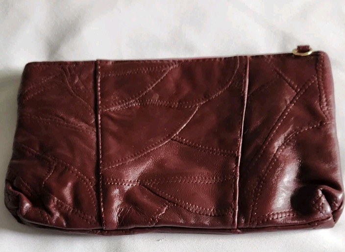 MATCH Patchwork Rich Burgundy Leather Clutch Purse 11x7in long strap Zip Top New