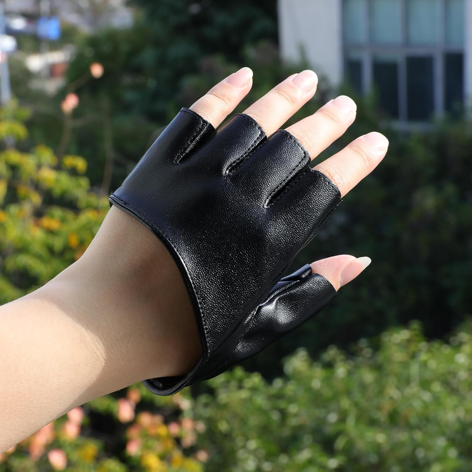 Black Leather Fingerless Gloves Half Palm Half Finger PU Leather Gloves for Wome