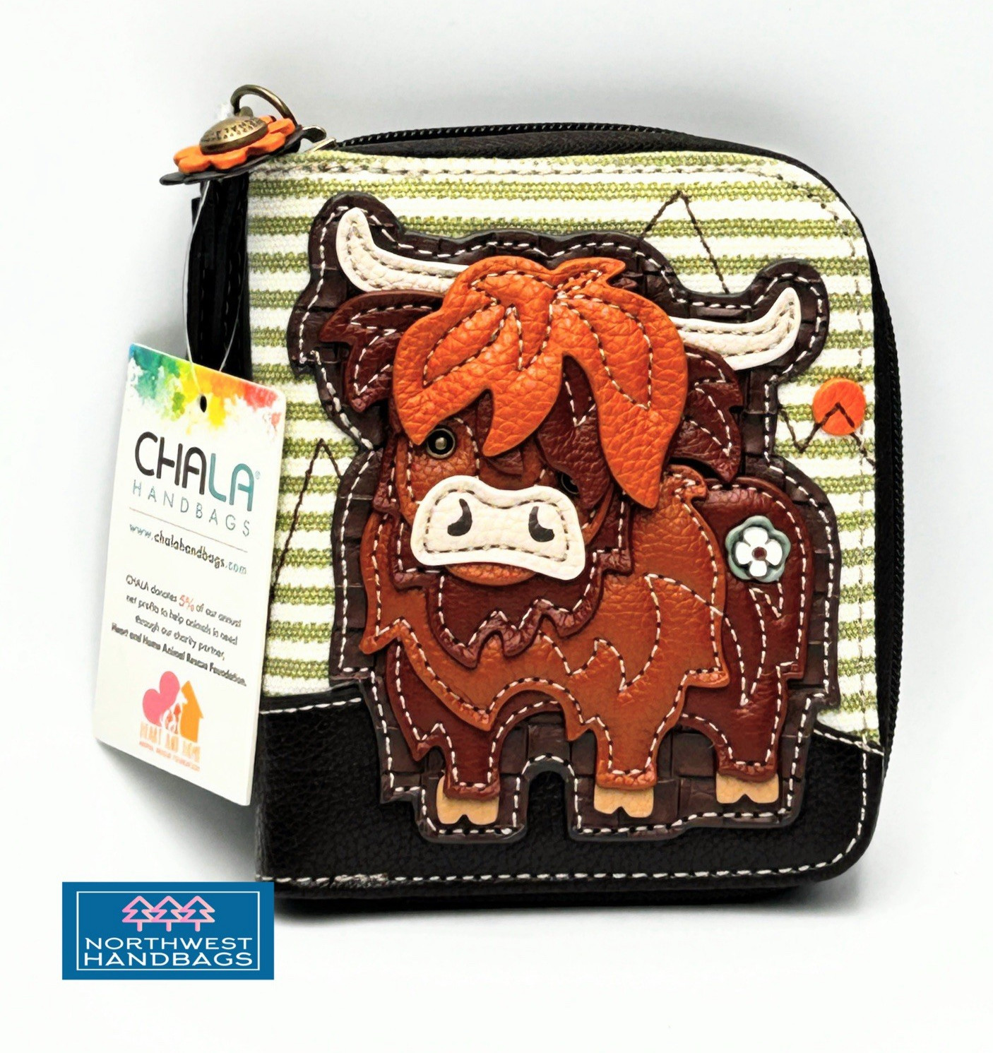 HIGHLAND COW FARM ZIP AROUND WALLET WRISTLET GREEN STRIPE CHALA