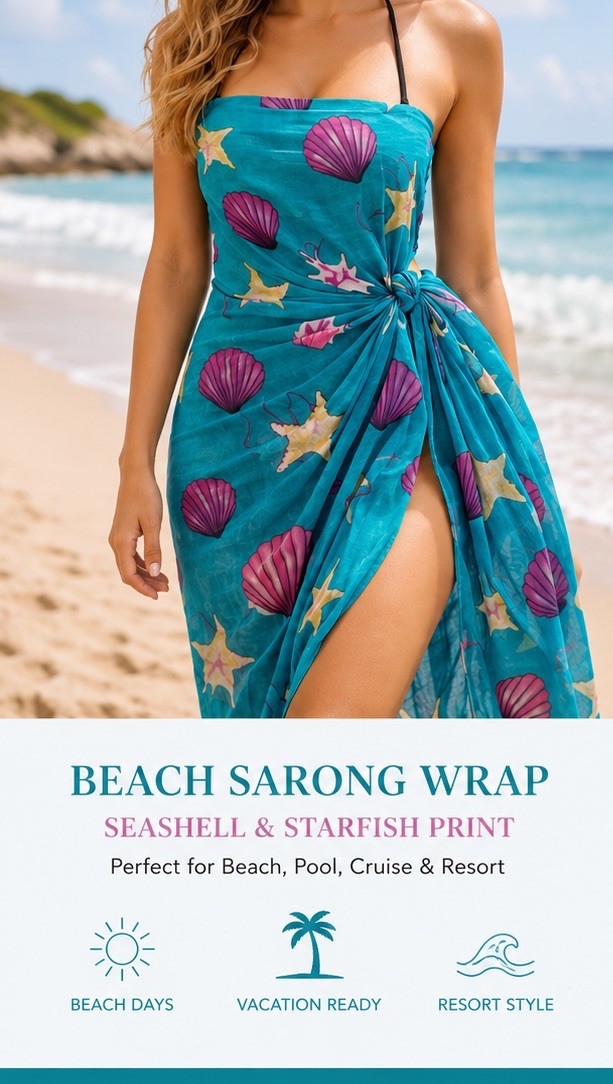 Beach Cover Up Sarong Wrap| Seashell Starfish Print| Teal Tropical One Size| NEW