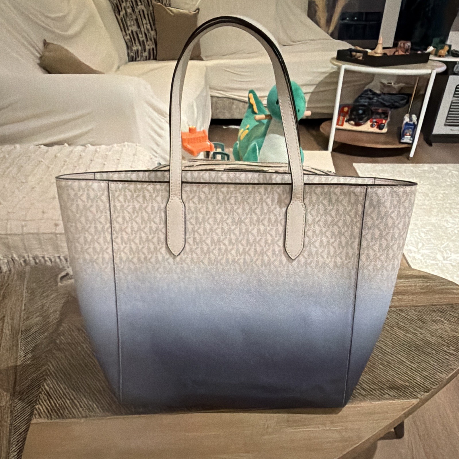 Michael Kors Monogram Ombre Blue/White Large Zip Tote w/ Detachable Strap