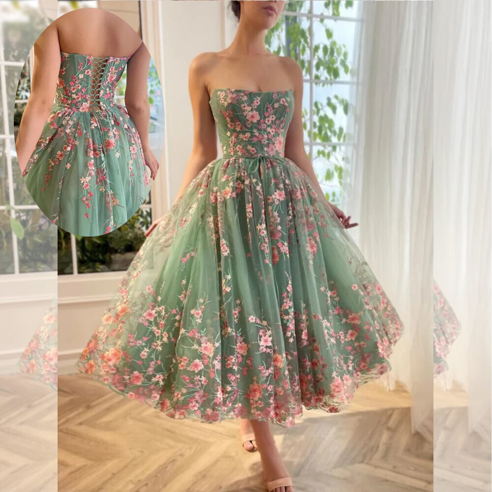 Elegant Green Floral Embroidered Strapless Sleeveless Evening Gown Wedding Dress
