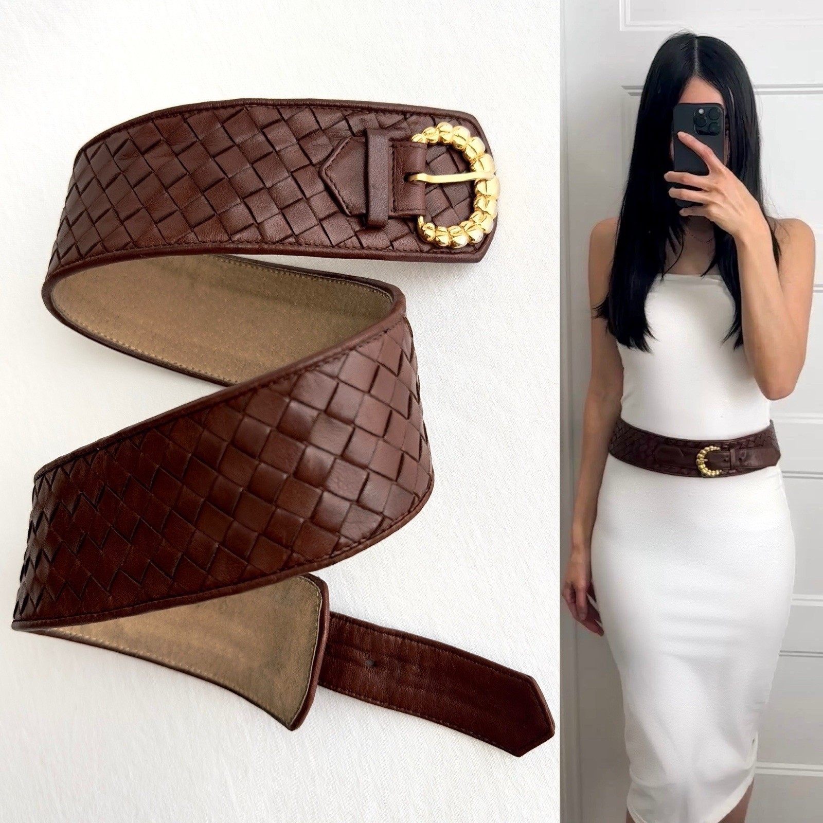 ✨BOTTEGA VENETA Intrecciato Woven Leather Corset Belt Brown Size 95/80cm, 32”