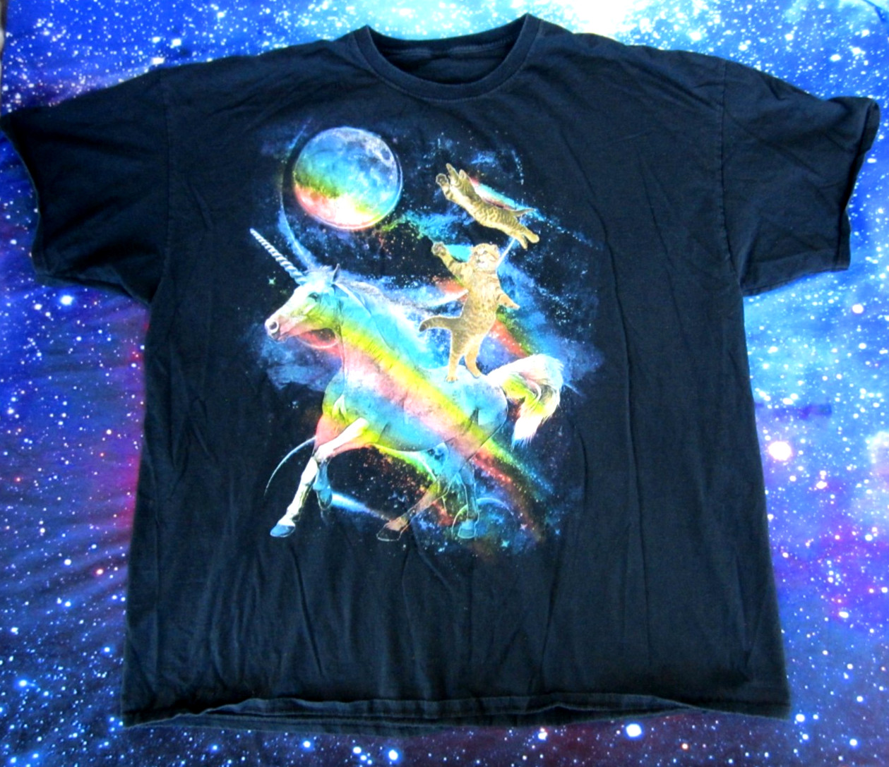 Cats Riding Rainbow Unicorn In Space Psychedelic Black T-Shirt Size XXL