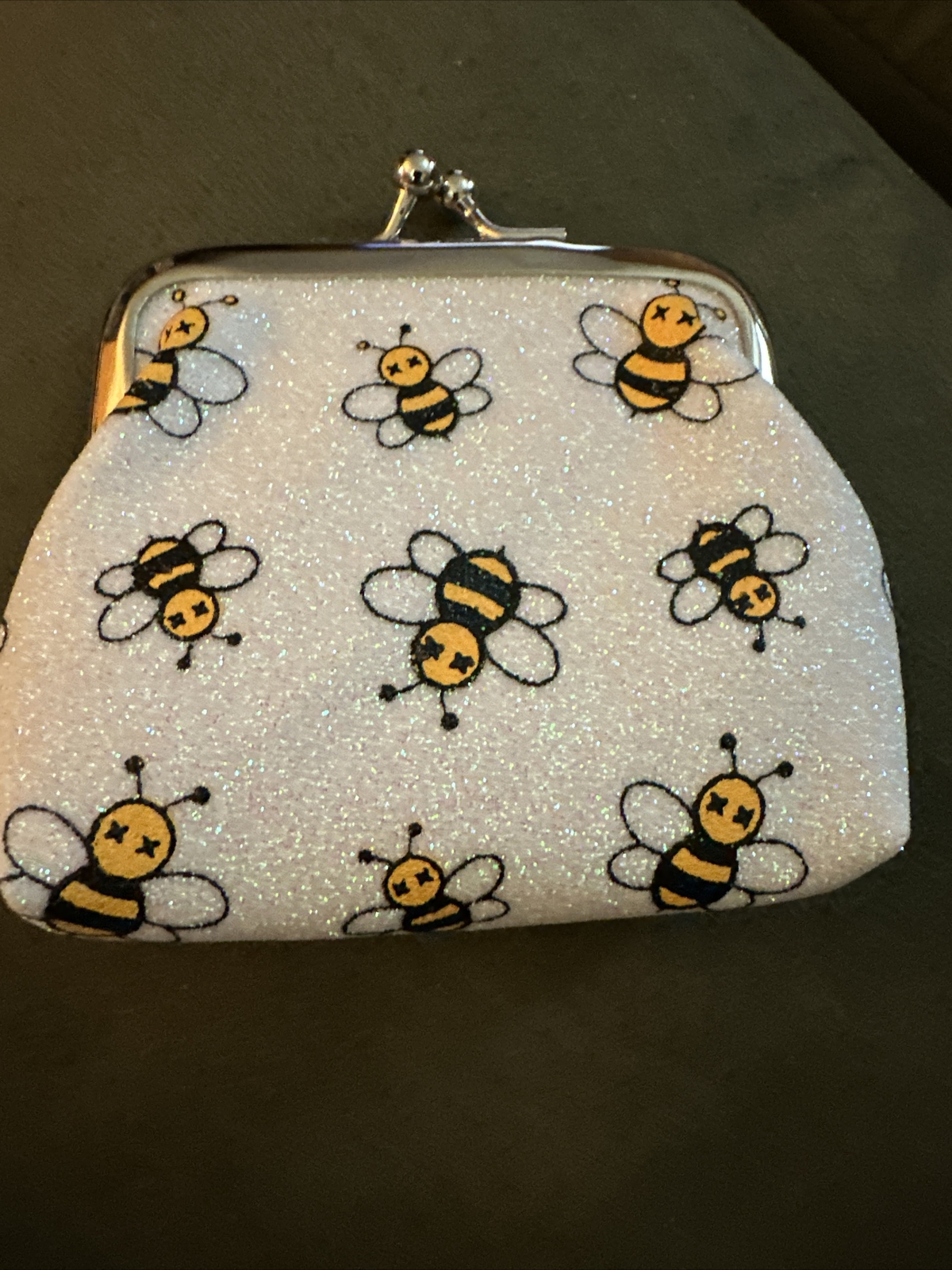 White With Multi Colored Glitter XS Coin Change Purse With Black And Gold Bees