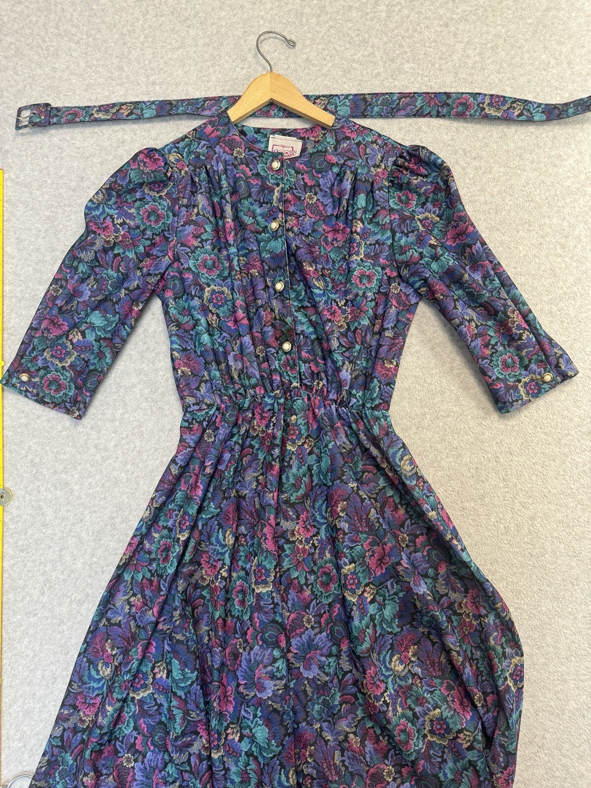 VTG 80s California Looks Floral Jacquard Belted Midi Dress Sz 10 Made USA Purple