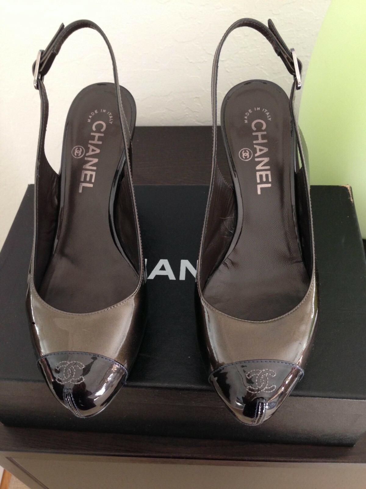 Auth Chanel CC LOGO TOE bronze w/ black slingback pumps box bags SZ 7 US 37 EU