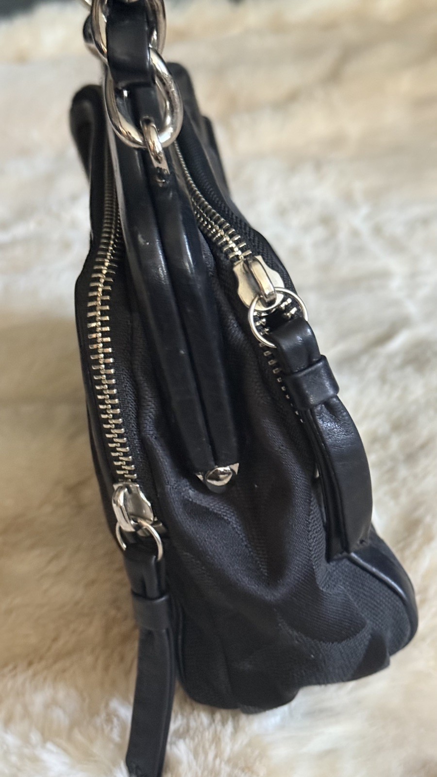 COACH Parker Double Zip Kisslock Black Jacquard Silver Chain Bag Purse 13623