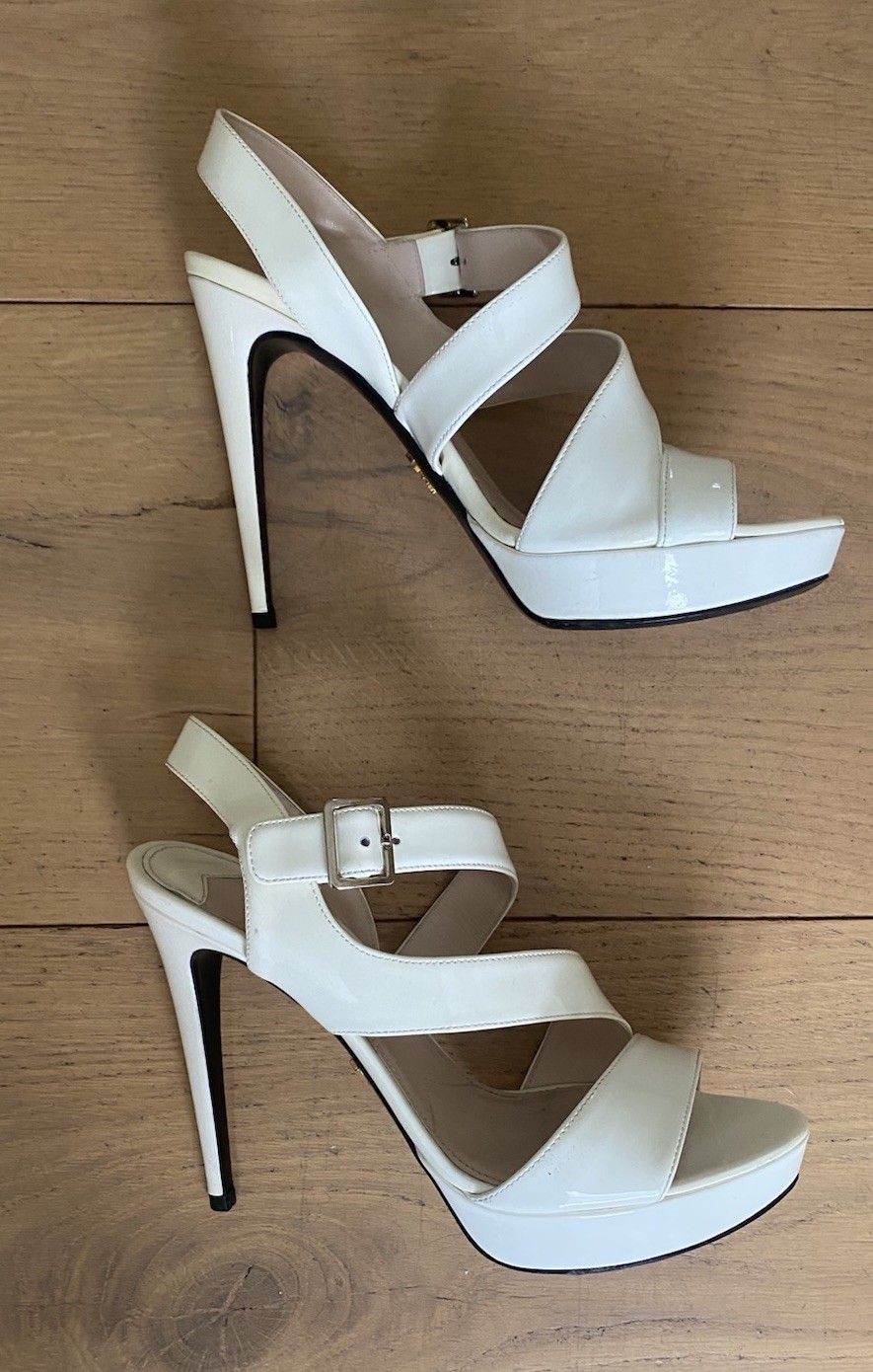 PRADA Leather Stiletto Strappy Sandals Heels 12cm in Bianco/cream 37.5 Aus 6.5