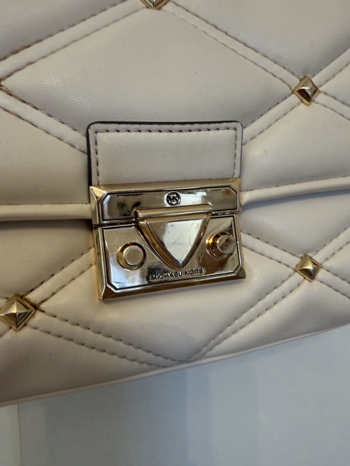 Michael Kors Ivory Quilted Crossbody Bag Chain Strap Turn Lock Gold Hardware