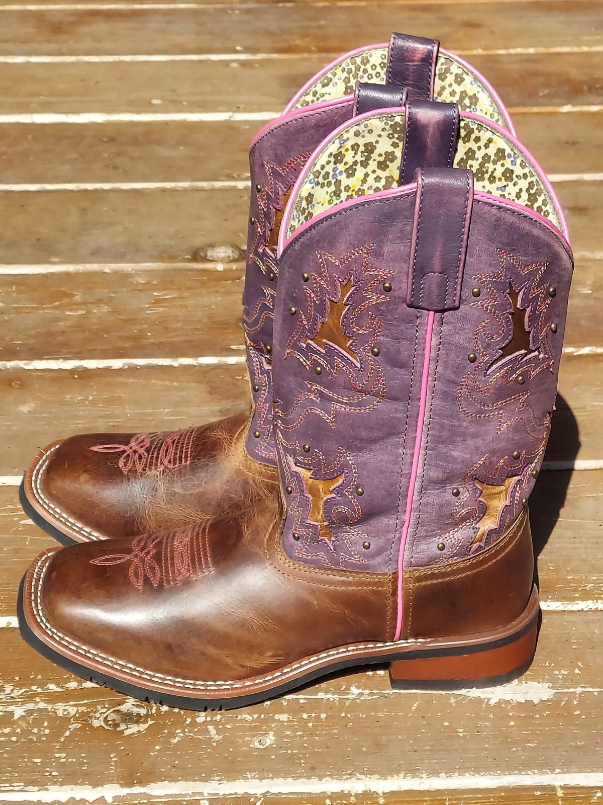 Laredo Boots Womens 8 M Leather Brown Purple Pink Square Toe Studded Western