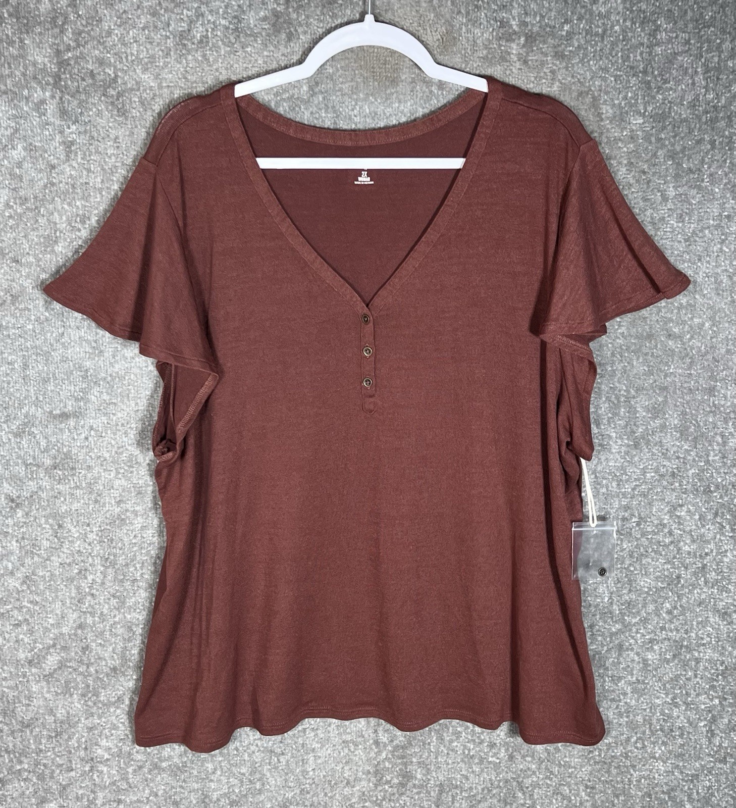 A.N.A Vneck Henley Top Womens Sz 2X Brown Maroon Stretch Flutter Cap Sleeve New