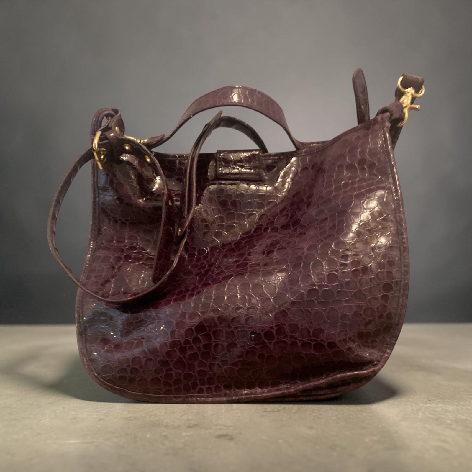 Gianni Bini Purple Croc Embossed Patent Leather Shoulder Bag Gold Hardware