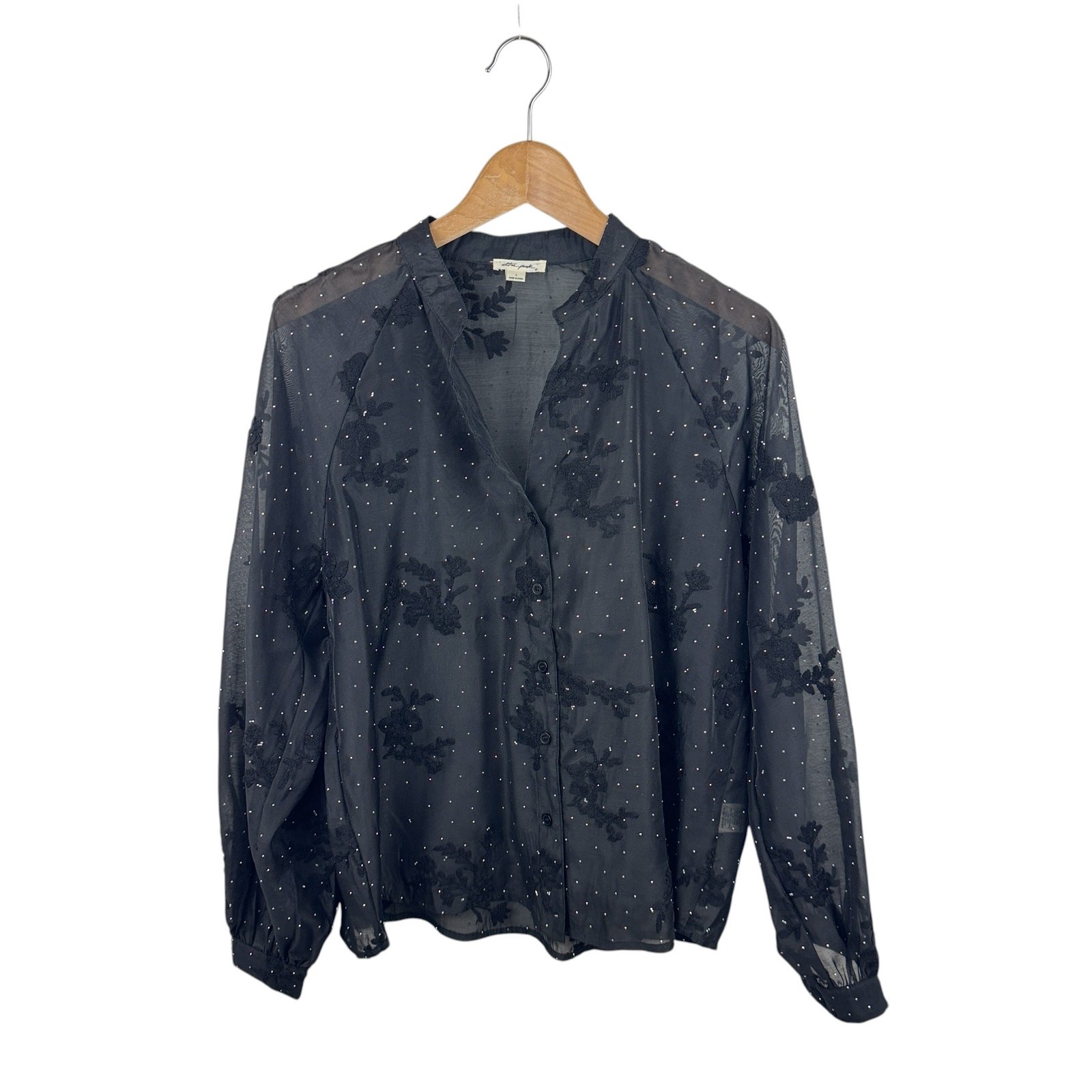 Ultra Pink Black Sheer Embroidered Rhinestone Blouse L Romantic Goth Dark